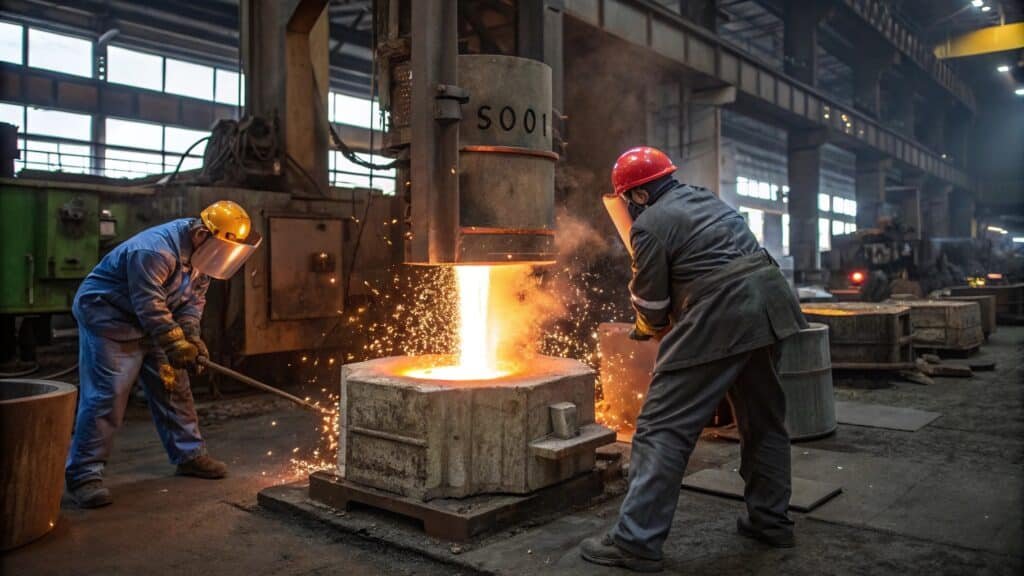 alt with keywords: a 6061 aluminum billet being forged, with a T6 heat treatment diagram nearby